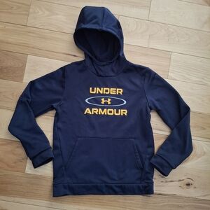 Under Armour Dark Navy Blue Yellow Logo Hoodie Sweatshirt Youth Large EUC